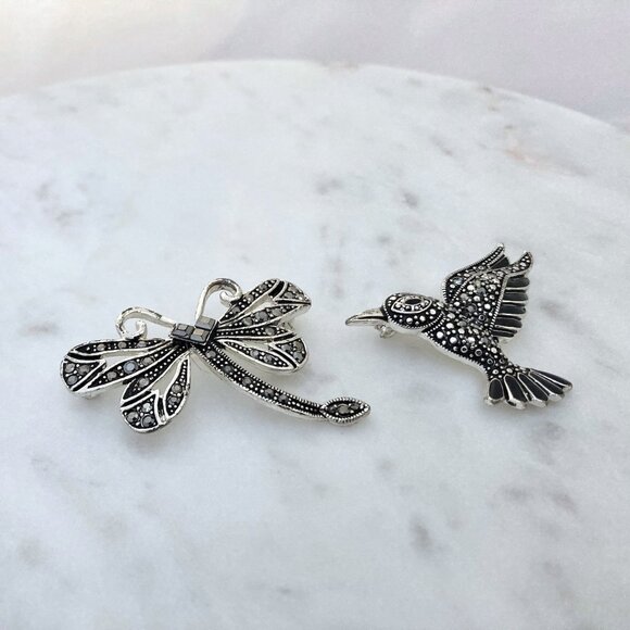 Silver Tone and Black Hummingbird and Dragonfly Brooches - Picture 3 of 5